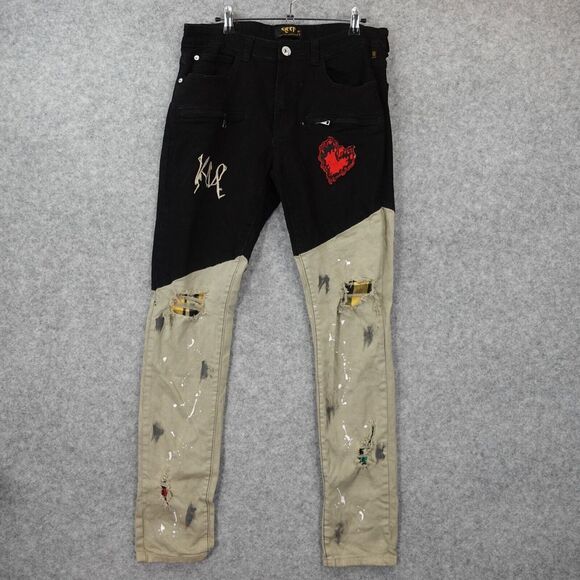 Distressed Streetwear Jeans KLEEP Paint Art‎ Ripped Grunge RARE 32/31 Colorblock - Picture 1 of 16